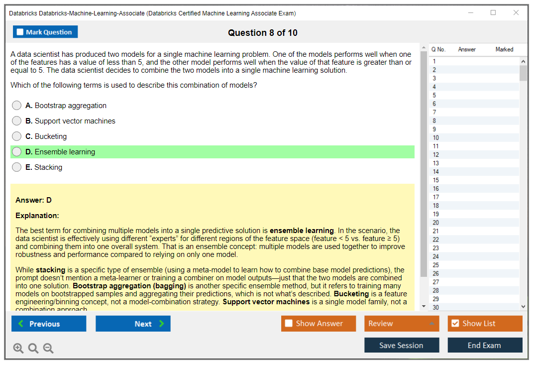 Databricks Databricks-Machine-Learning-Associate (Databricks Certified Machine Learning Associate Exam) Exam Simulator Test Engine Exam Prep 8