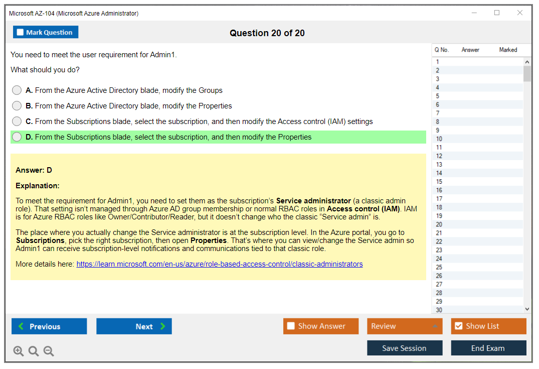 Microsoft AZ-104 (Microsoft Azure Administrator) Exam Simulator Test Engine Exam Prep 20