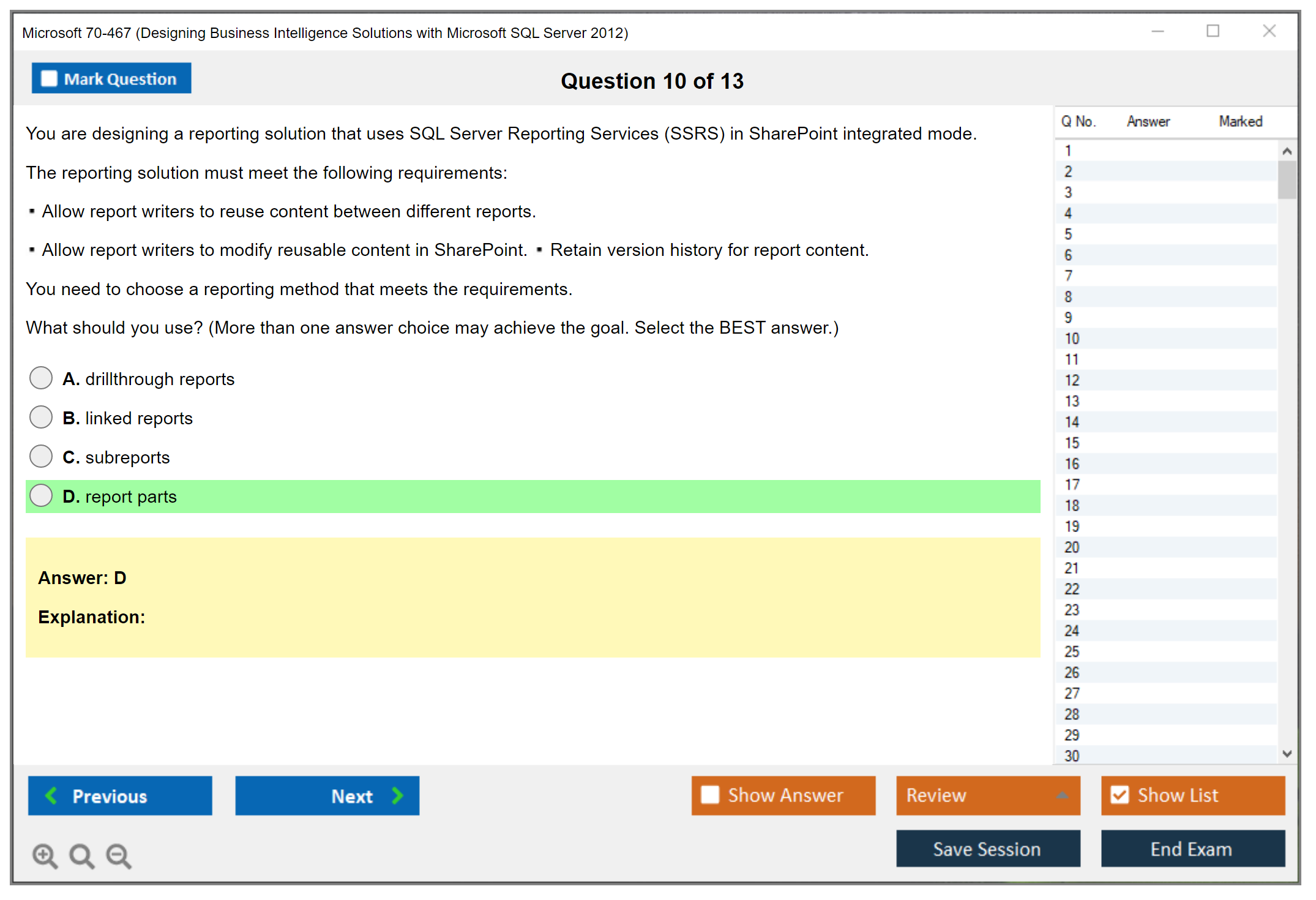 Microsoft 70-467 (Designing Business Intelligence Solutions with Microsoft SQL Server 2012) Exam Simulator Test Engine Exam Prep 10