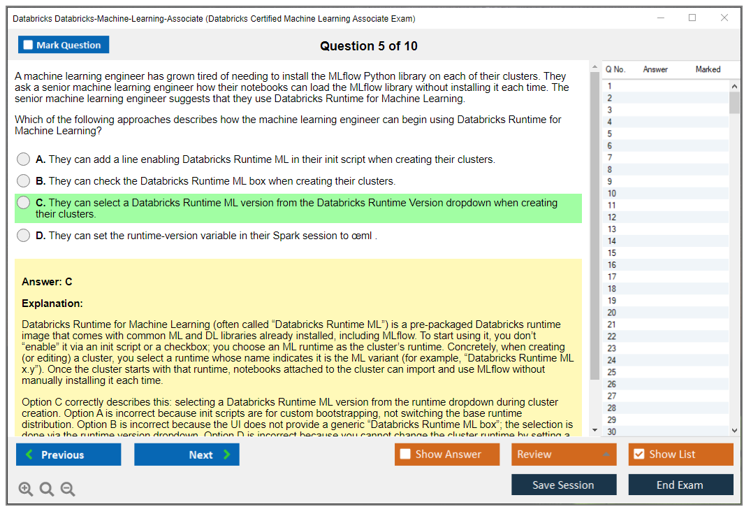 Databricks Databricks-Machine-Learning-Associate (Databricks Certified Machine Learning Associate Exam) Exam Simulator Test Engine Exam Prep 5