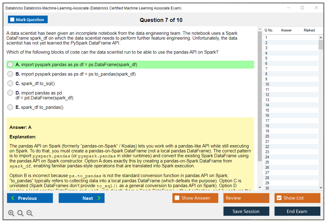 Databricks Databricks-Machine-Learning-Associate (Databricks Certified Machine Learning Associate Exam) Exam Simulator Test Engine Exam Prep 7