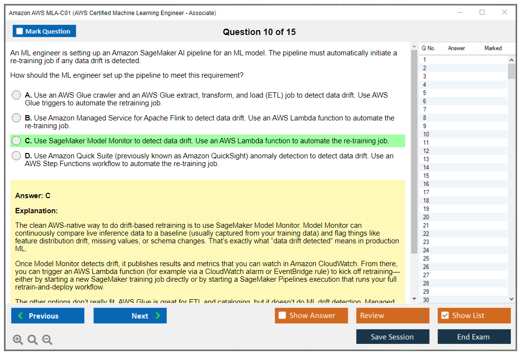 Amazon AWS MLA-C01 (AWS Certified Machine Learning Engineer - Associate) Exam Simulator Test Engine Exam Prep 10