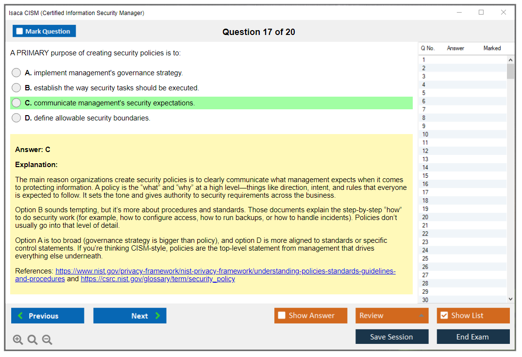 Isaca CISM (Certified Information Security Manager) Exam Simulator Test Engine Exam Prep 17
