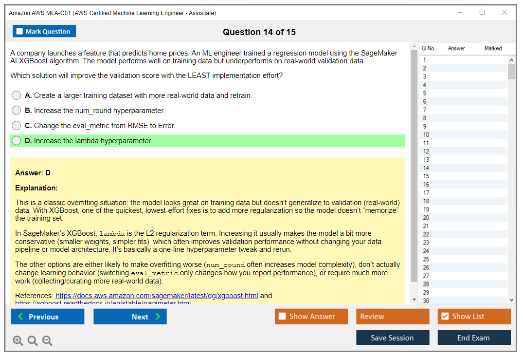 Amazon AWS MLA-C01 (AWS Certified Machine Learning Engineer - Associate) Exam Simulator Test Engine Exam Prep 14
