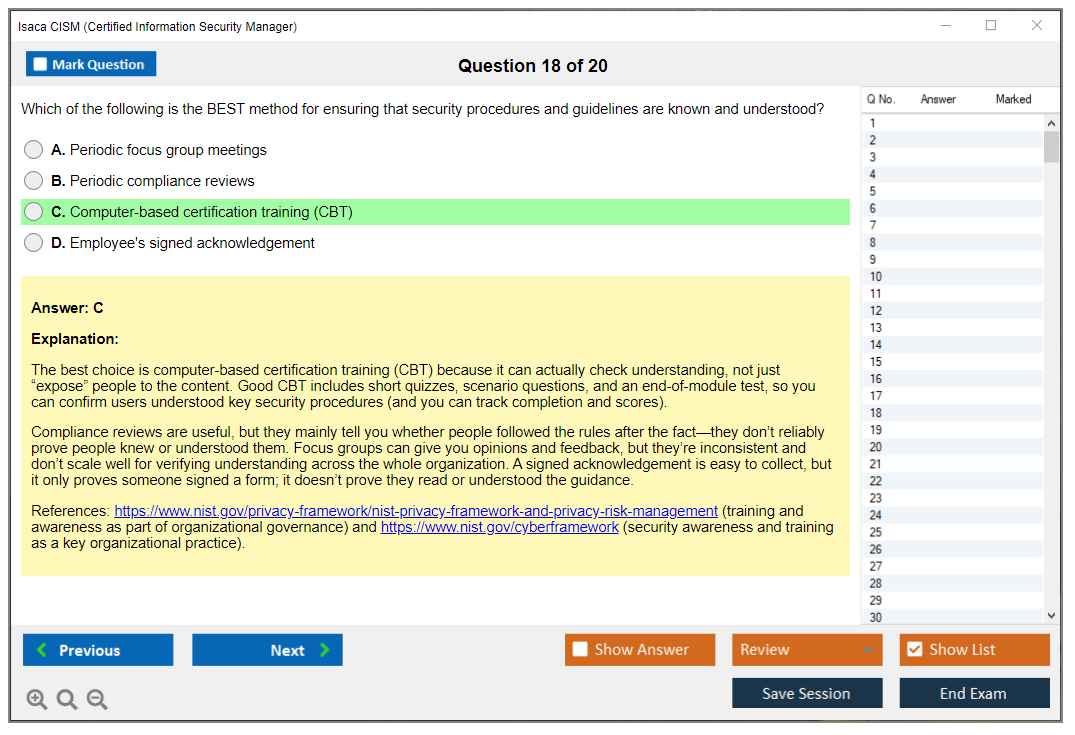 Isaca CISM (Certified Information Security Manager) Exam Simulator Test Engine Exam Prep 18